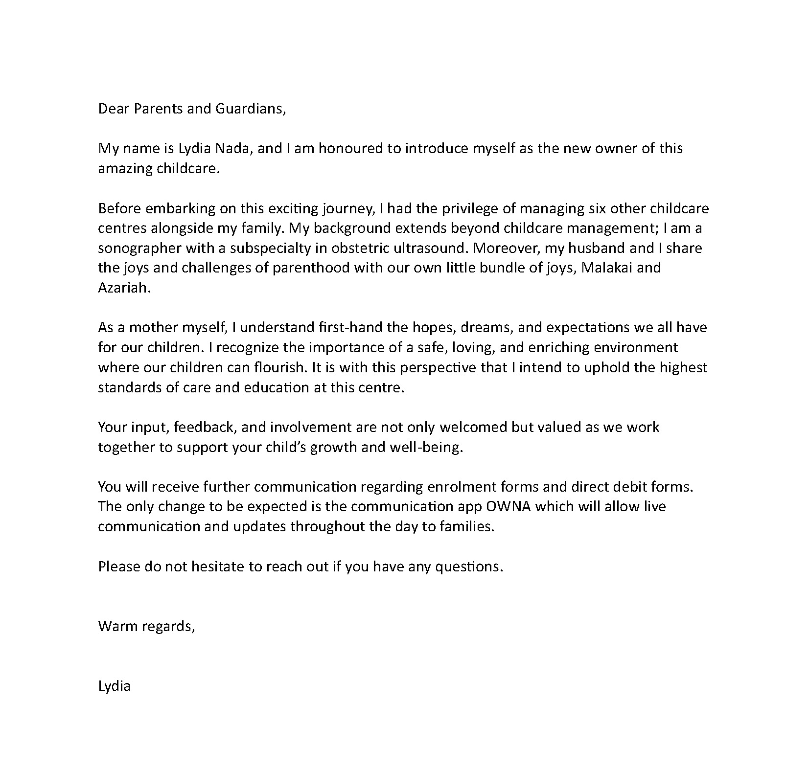 Letter from Provider